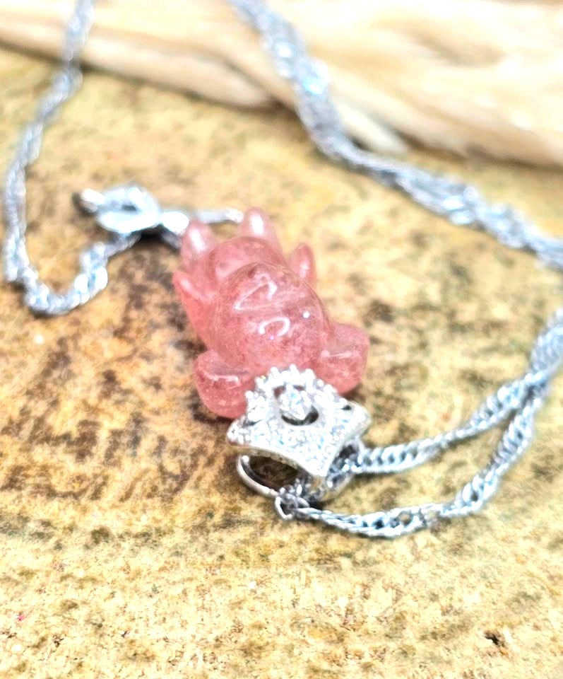 Hand‑carved strawberry quartz standing bear pendant with silver‑tone crown on adjustable 18–20 inch chain- My Aura Gemstones