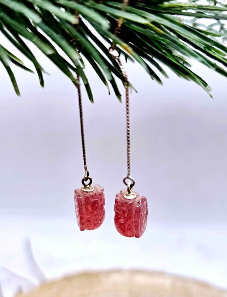 Nature Strawberry Quartz Hand Carved Pi Xiu Blessing Coin S925 Dangle Earring