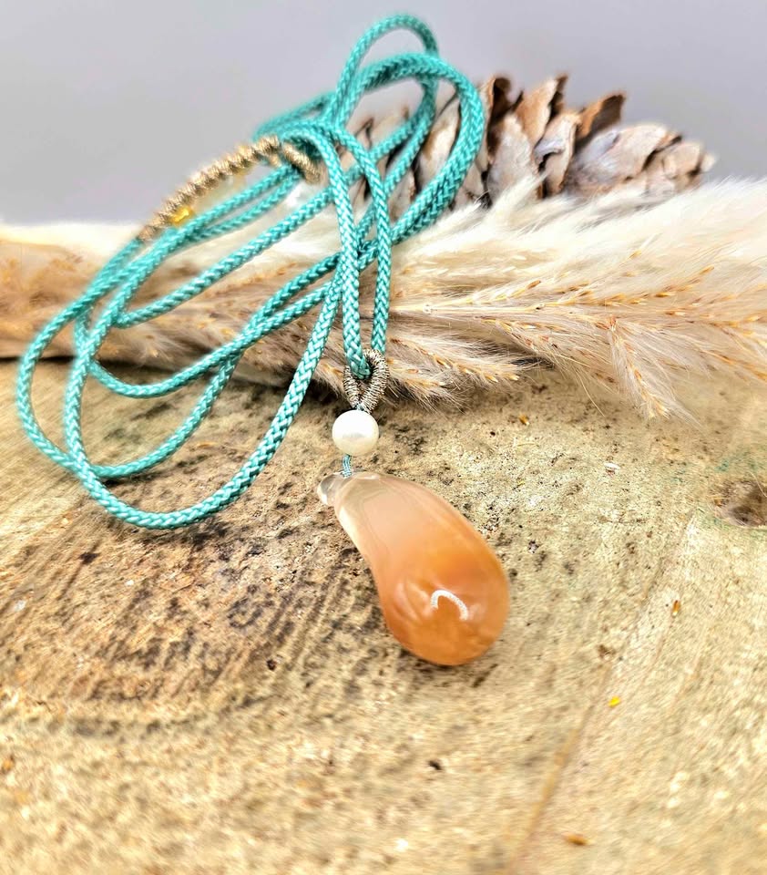 Natural healer quartz pepper pendant, clear to orange crystal, teal braided necklace — My Aura Gemstones