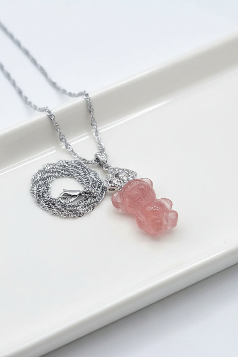 Hand‑carved strawberry quartz standing bear pendant with silver‑tone crown on adjustable 18–20 inch chain- My Aura Gemstones
