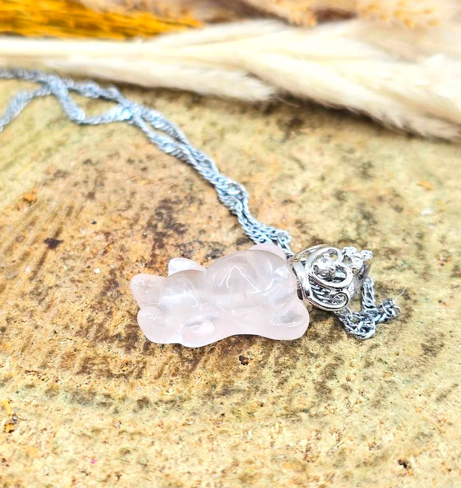 Natural rose quartz standing bear pendant with silver‑tone crown, transparent light‑pink crystal on adjustable 18–20 inch chain-My Aura Gemstones