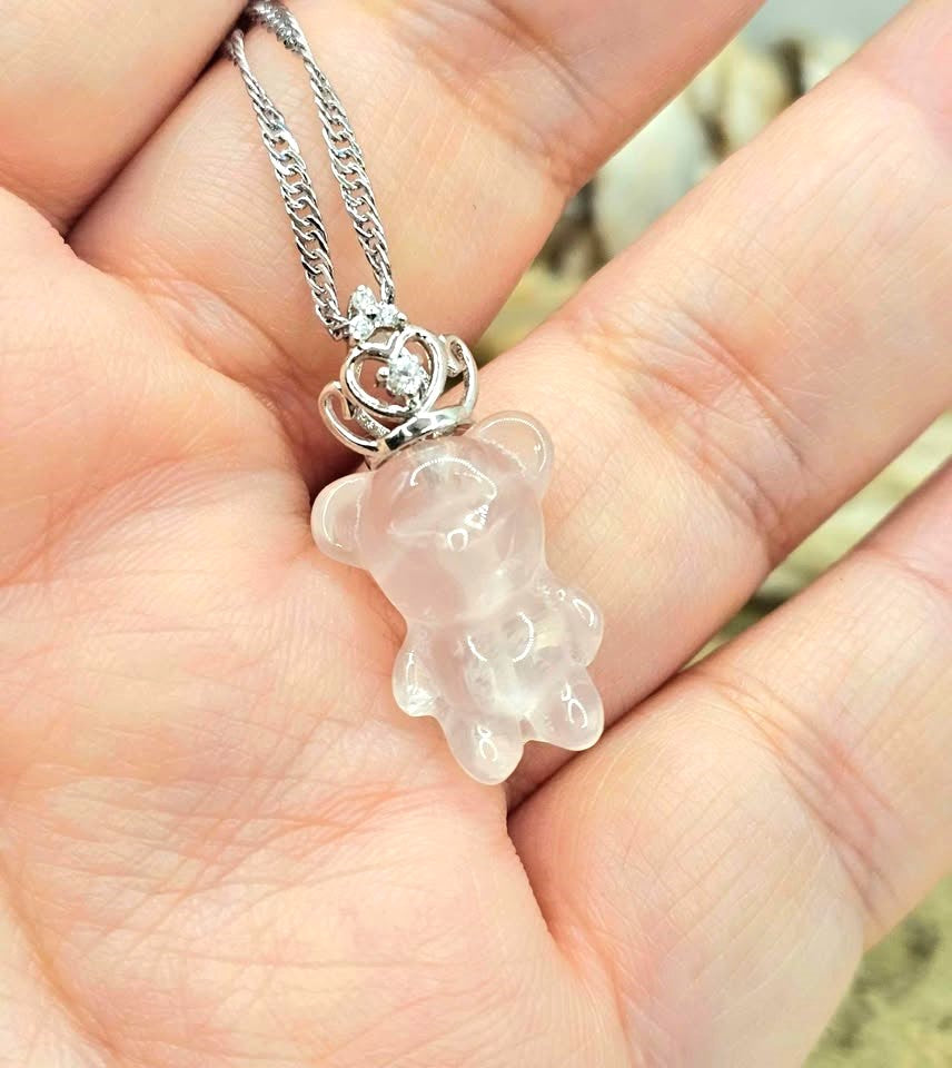 Natural rose quartz standing bear pendant with silver‑tone crown, transparent light‑pink crystal on adjustable 18–20 inch chain-My Aura Gemstones