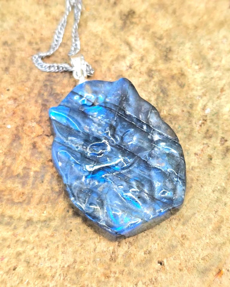 Labradorite carved sitting nine tails fox pendant necklace gift box view — My Aura Gemstones