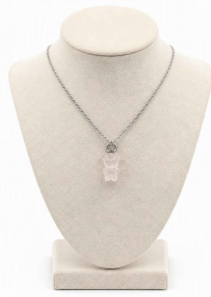 Natural rose quartz standing bear pendant with silver‑tone crown, transparent light‑pink crystal on adjustable 18–20 inch chain-My Aura Gemstones
