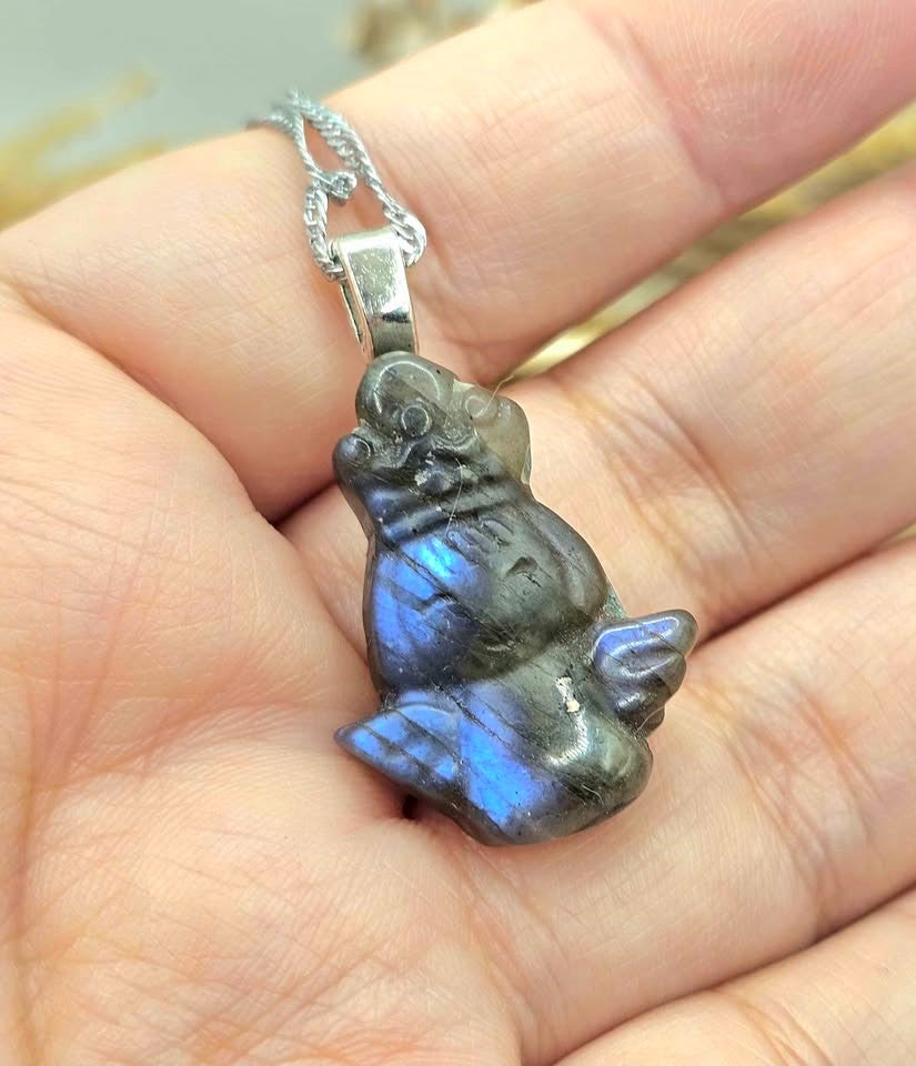Natural labradorite carved flashy flying angel crystal pendant necklace — My Aura Gemstones