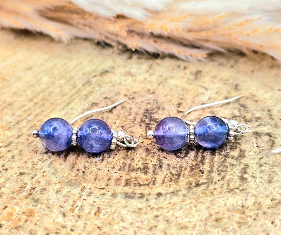 Handcrafted purple fluorite dangle earrings with 7mm lavender‑to‑violet beads, silver‑tone spacers, and S925 stamped fishhook ear wires.-My Aura Gemstones
