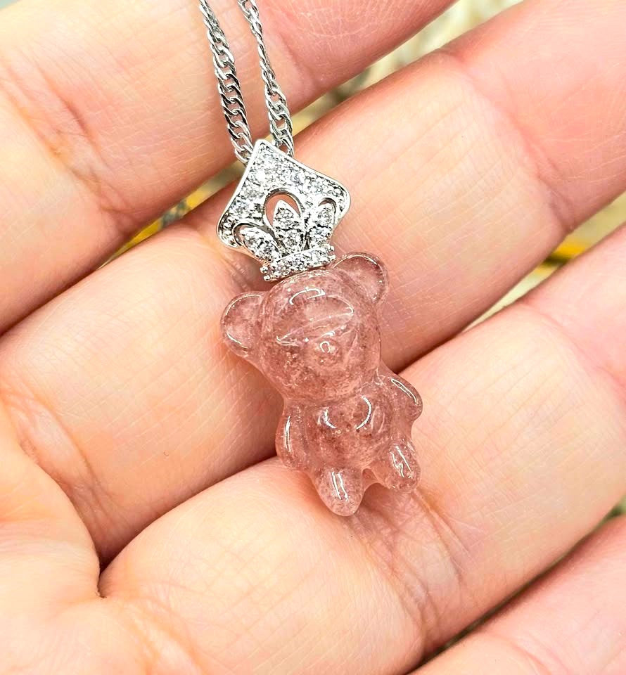 Hand‑carved strawberry quartz standing bear pendant with silver‑tone crown on adjustable 18–20 inch chain- My Aura Gemstones