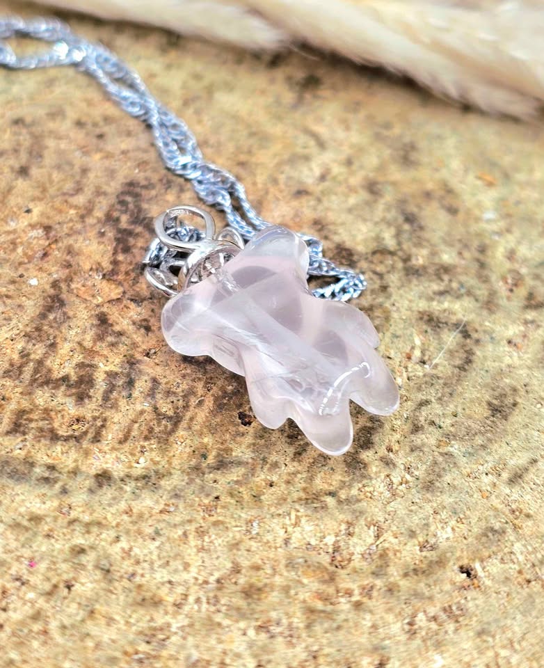 Natural rose quartz standing bear pendant with silver‑tone crown, transparent light‑pink crystal on adjustable 18–20 inch chain-My Aura Gemstones