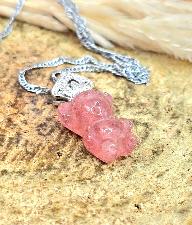 Hand‑carved strawberry quartz standing bear pendant with silver‑tone crown on adjustable 18–20 inch chain- My Aura Gemstones