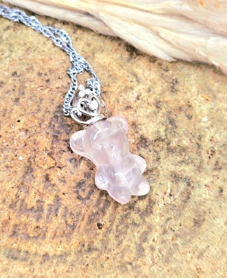 Natural rose quartz standing bear pendant with silver‑tone crown, transparent light‑pink crystal on adjustable 18–20 inch chain-My Aura Gemstones