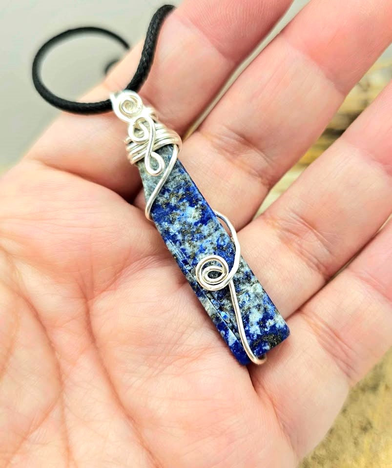 Natural lapis lazuli bar pendant with blue, grey, and gold pyrite tones, wrapped in handcrafted silver wire, 2.1-inch gemstone necklace -My Aura Gemstones 