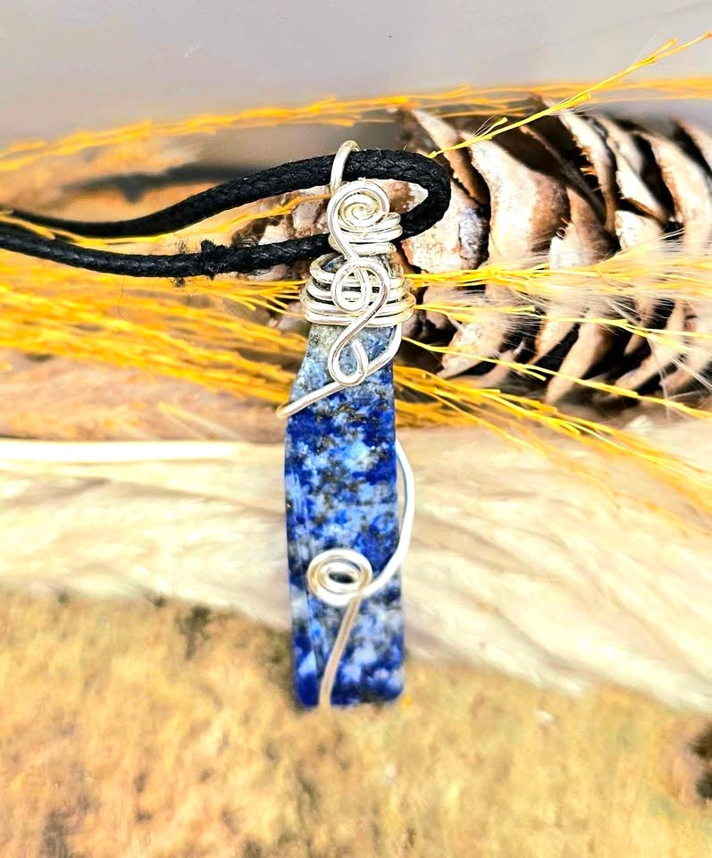 Natural lapis lazuli bar pendant with blue, grey, and gold pyrite tones, wrapped in handcrafted silver wire, 2.1-inch gemstone necklace -My Aura Gemstones 