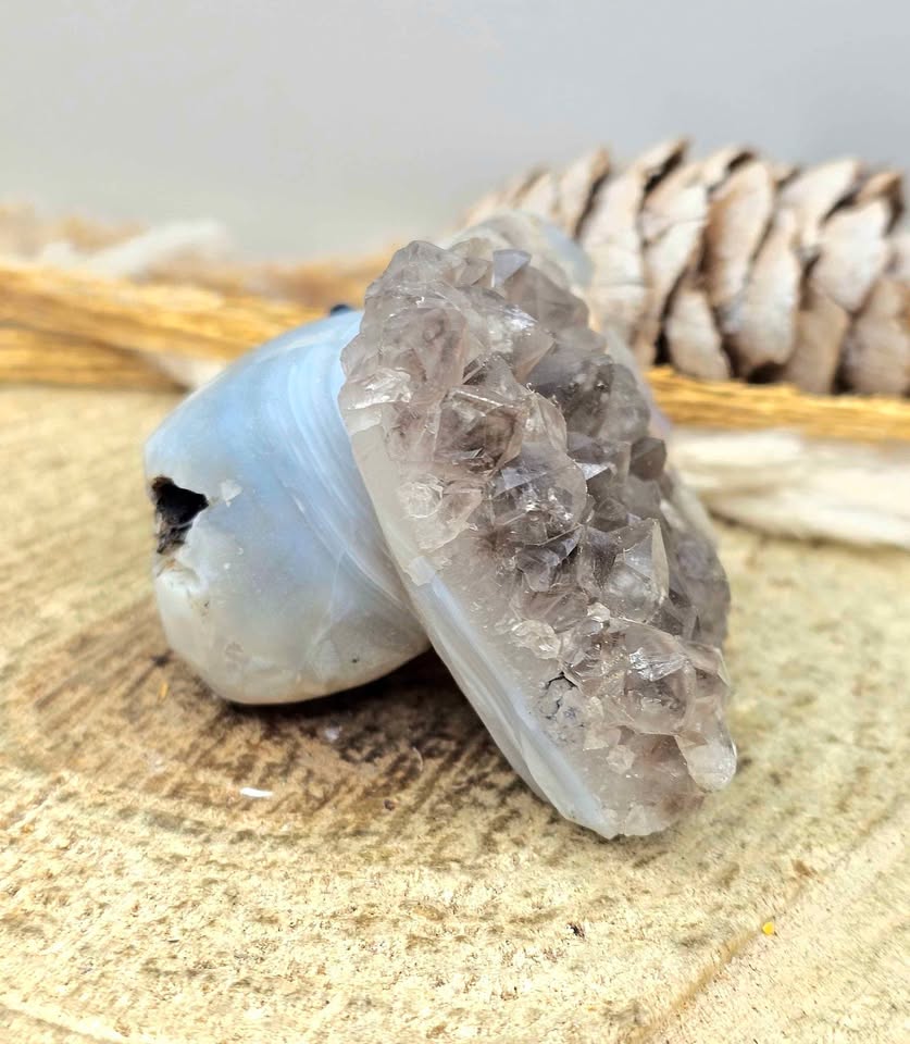 Smoky quartz crystal cluster with carved grey agate mouse figurine, natural raw texture, 2‑inch healing stone sculpture, side back view -My Aura Gemstones