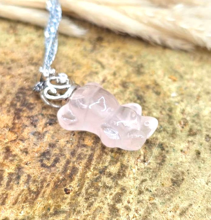 Natural rose quartz standing bear pendant with silver‑tone crown, transparent light‑pink crystal on adjustable 18–20 inch chain-My Aura Gemstones