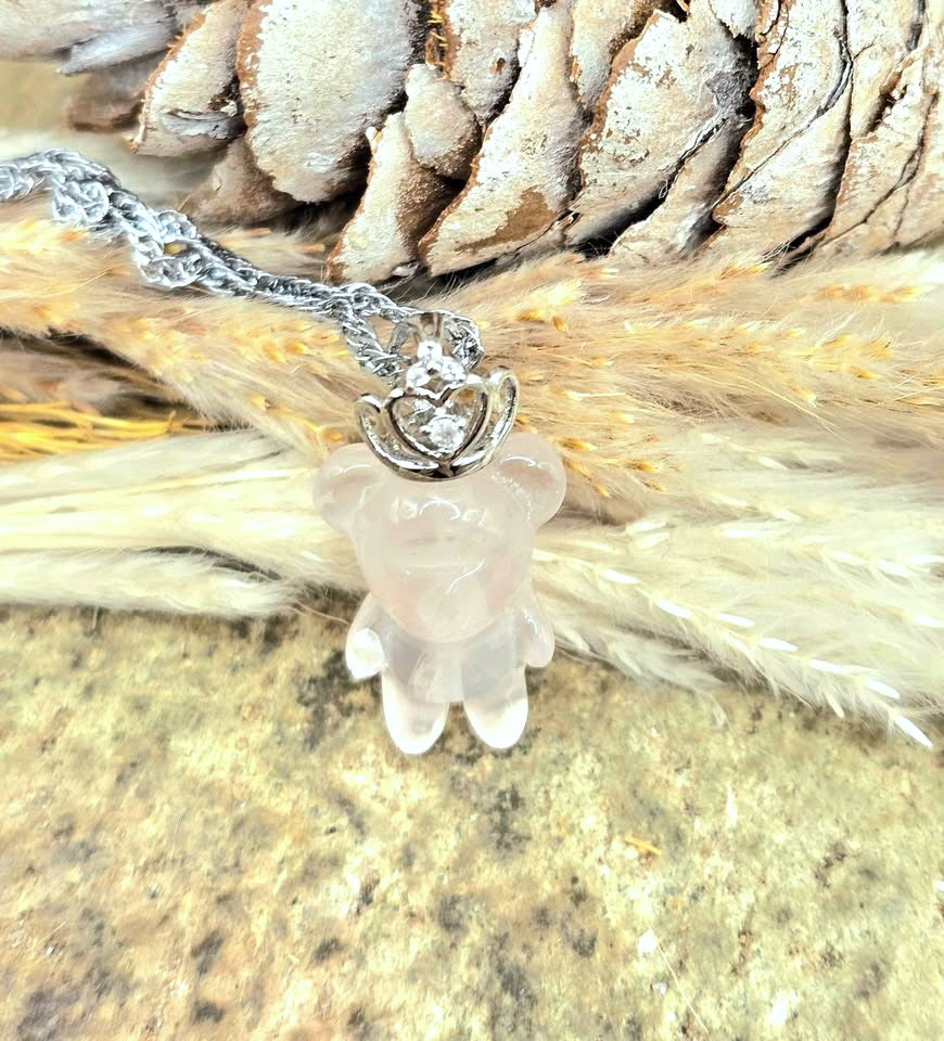 Natural rose quartz standing bear pendant with silver‑tone crown, transparent light‑pink crystal on adjustable 18–20 inch chain-My Aura Gemstones