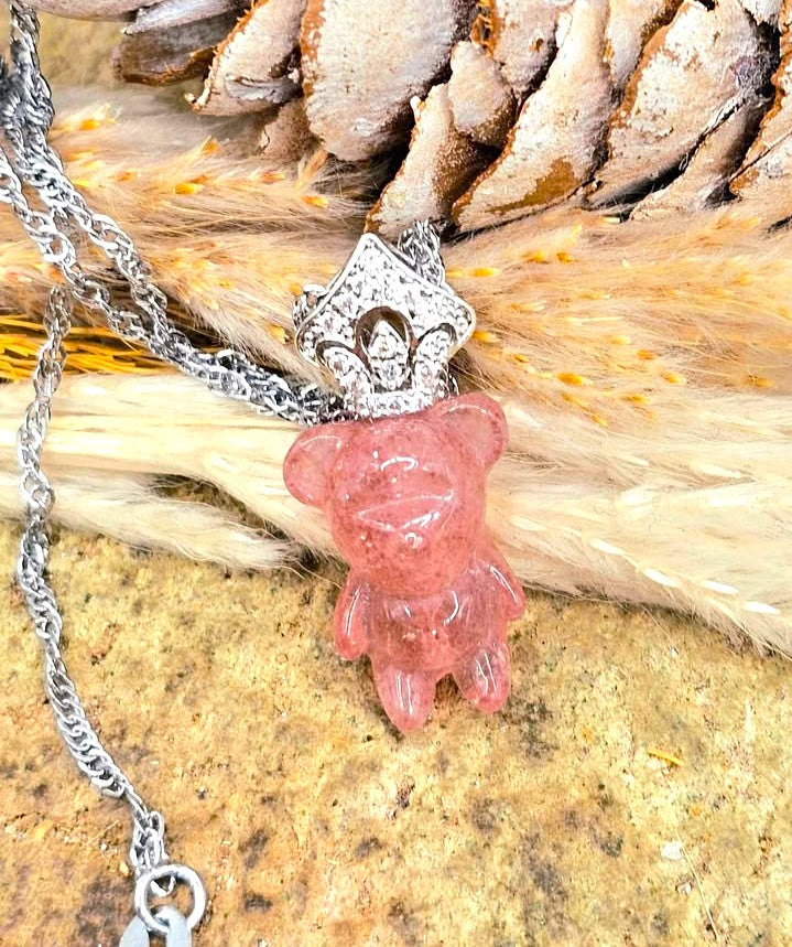 Hand‑carved strawberry quartz standing bear pendant with silver‑tone crown on adjustable 18–20 inch chain- My Aura Gemstones
