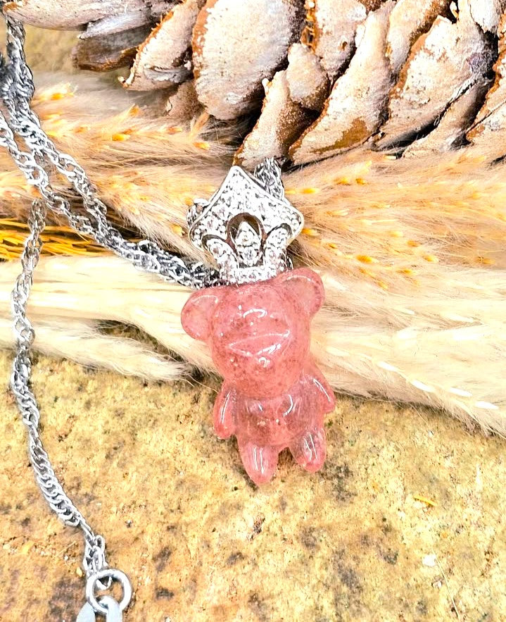 Hand‑carved strawberry quartz standing bear pendant with silver‑tone crown on adjustable 18–20 inch chain- My Aura Gemstones