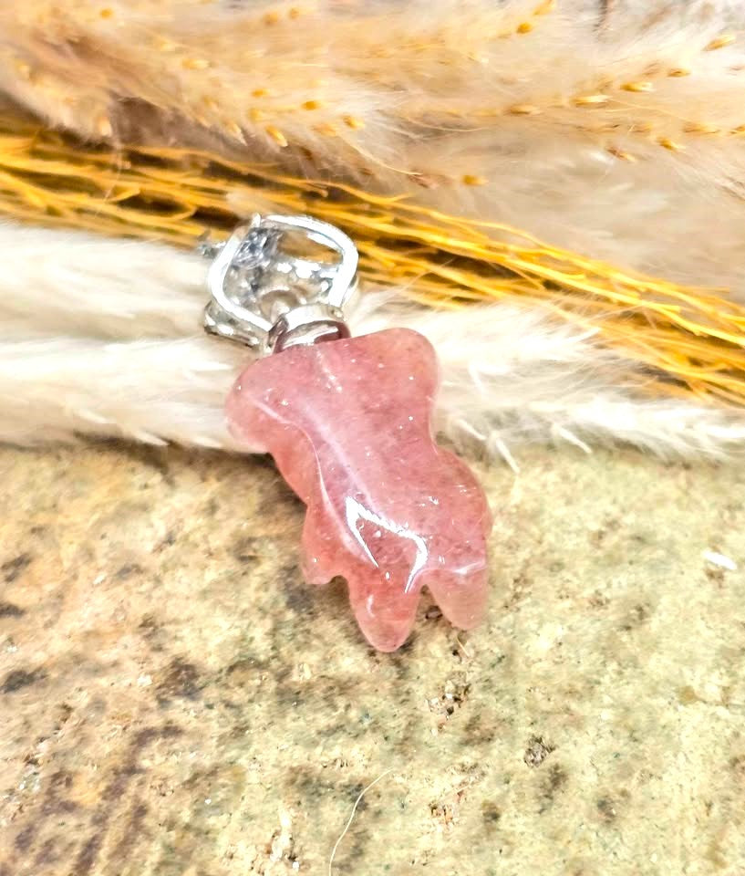 Hand‑carved strawberry quartz standing bear pendant with silver‑tone crown on adjustable 18–20 inch chain- My Aura Gemstones