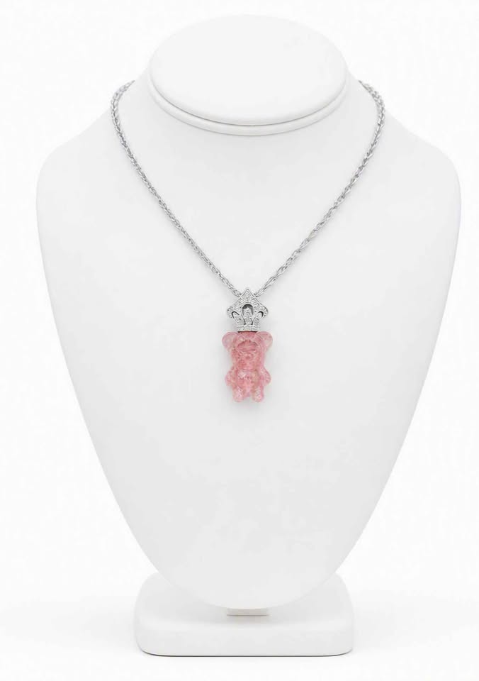 Hand‑carved strawberry quartz standing bear pendant with silver‑tone crown on adjustable 18–20 inch chain- My Aura Gemstones