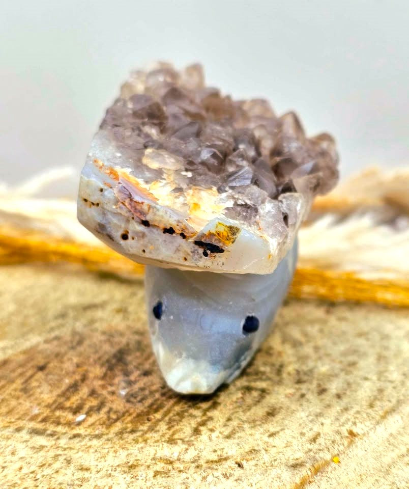 Smoky quartz crystal cluster with carved grey agate mouse figurine, natural raw texture, 2‑inch healing stone sculpture, front view-My Aura Gemstones