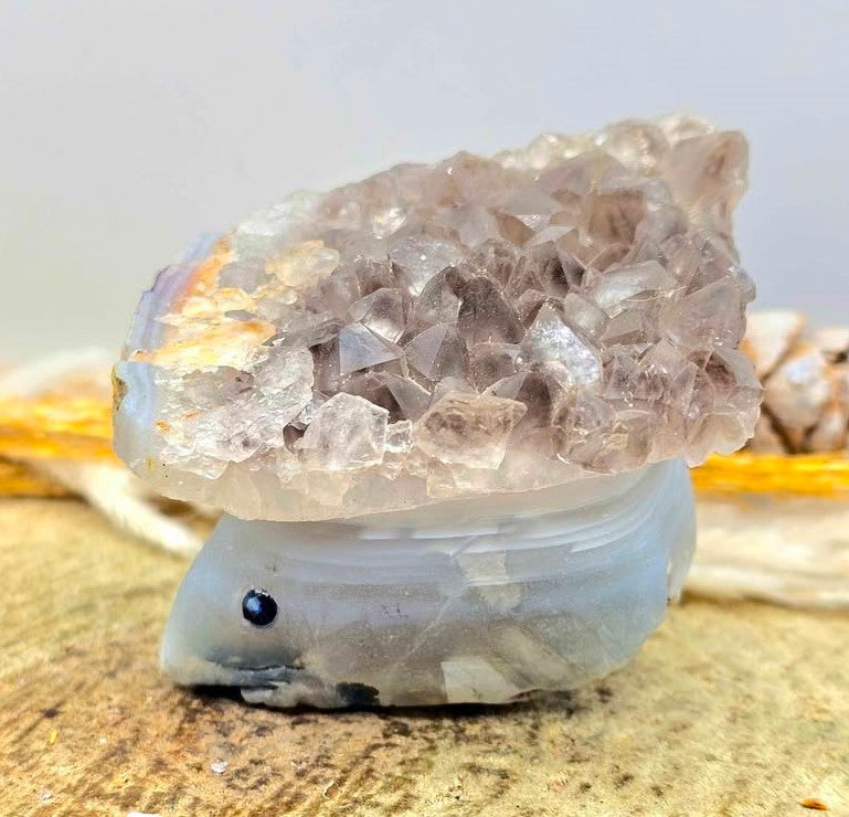 Smoky quartz crystal cluster with carved grey agate mouse figurine, natural raw texture, 2‑inch healing stone sculpture,side view-My Aura Gemstones