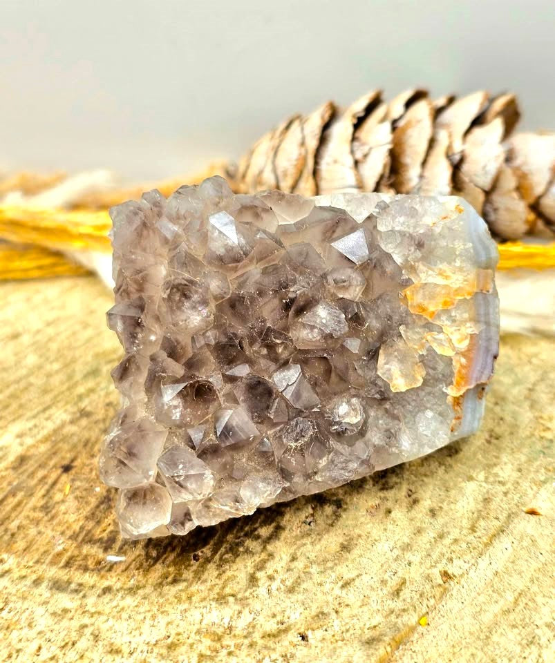 Smoky quartz crystal cluster with carved grey agate mouse figurine, natural raw texture, 2‑inch healing stone sculpture, top view -My Aura Gemstones