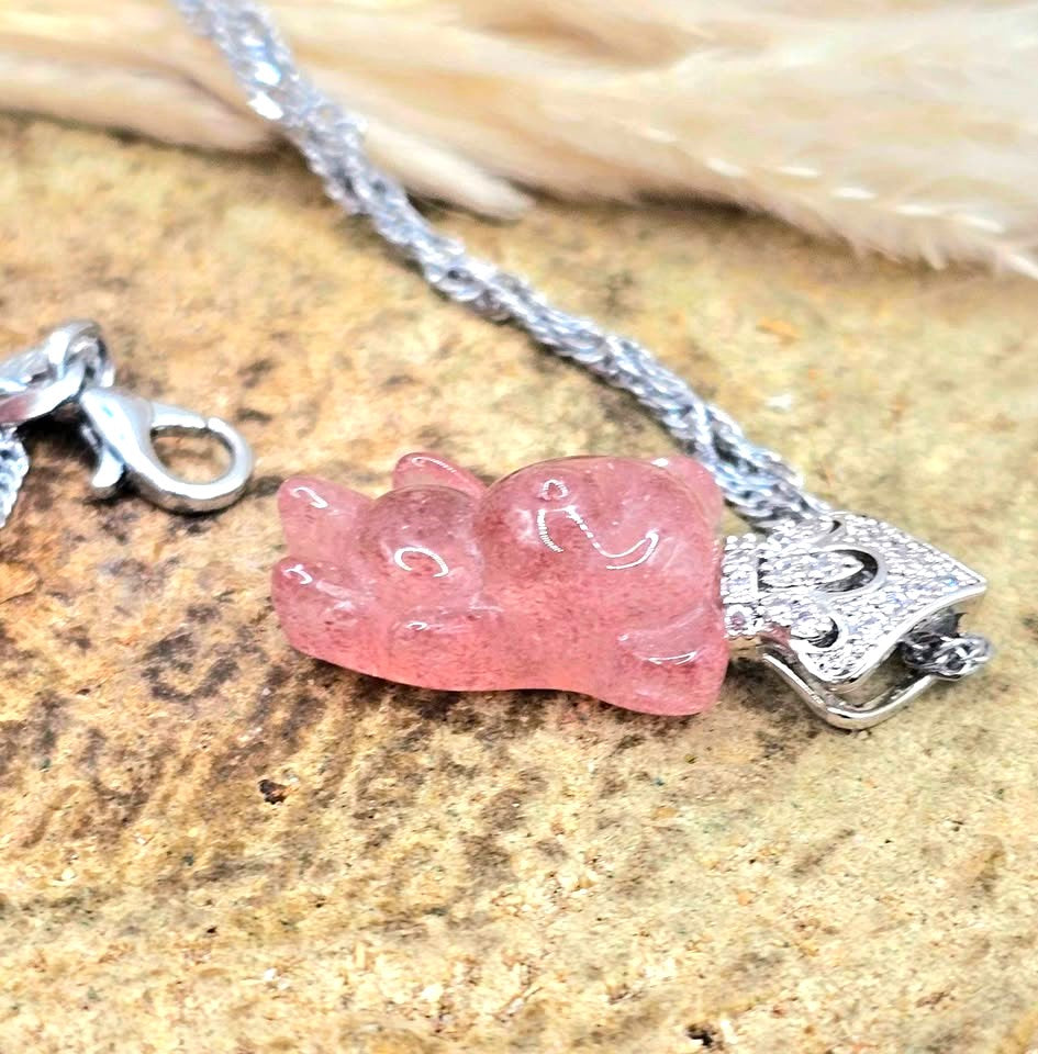 Hand‑carved strawberry quartz standing bear pendant with silver‑tone crown on adjustable 18–20 inch chain- My Aura Gemstones