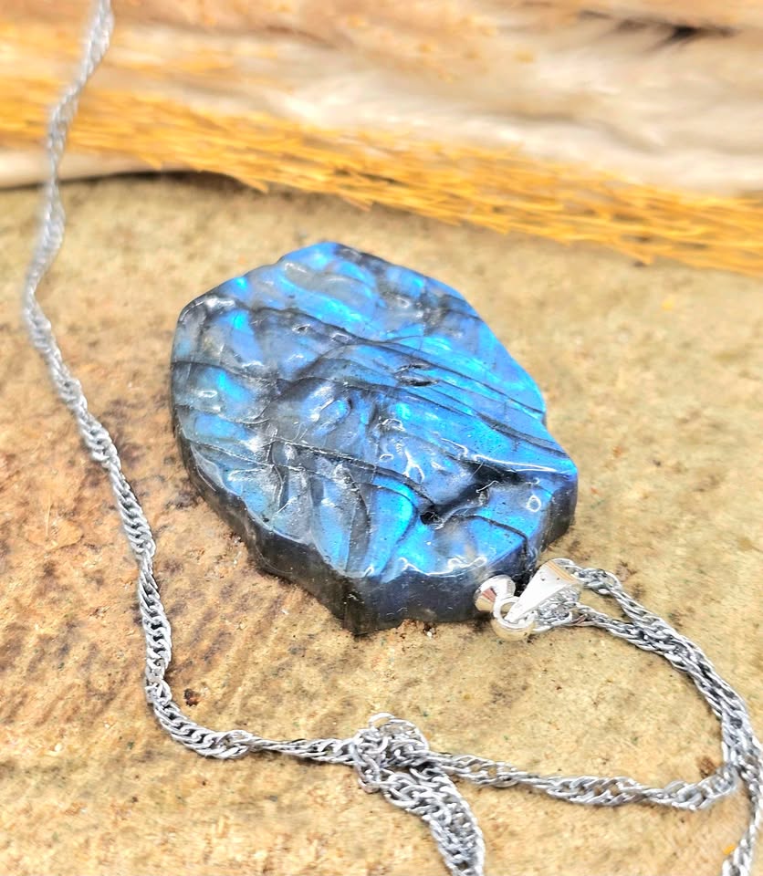 Labradorite carved sitting nine tails fox pendant necklace additional angle — My Aura Gemstones