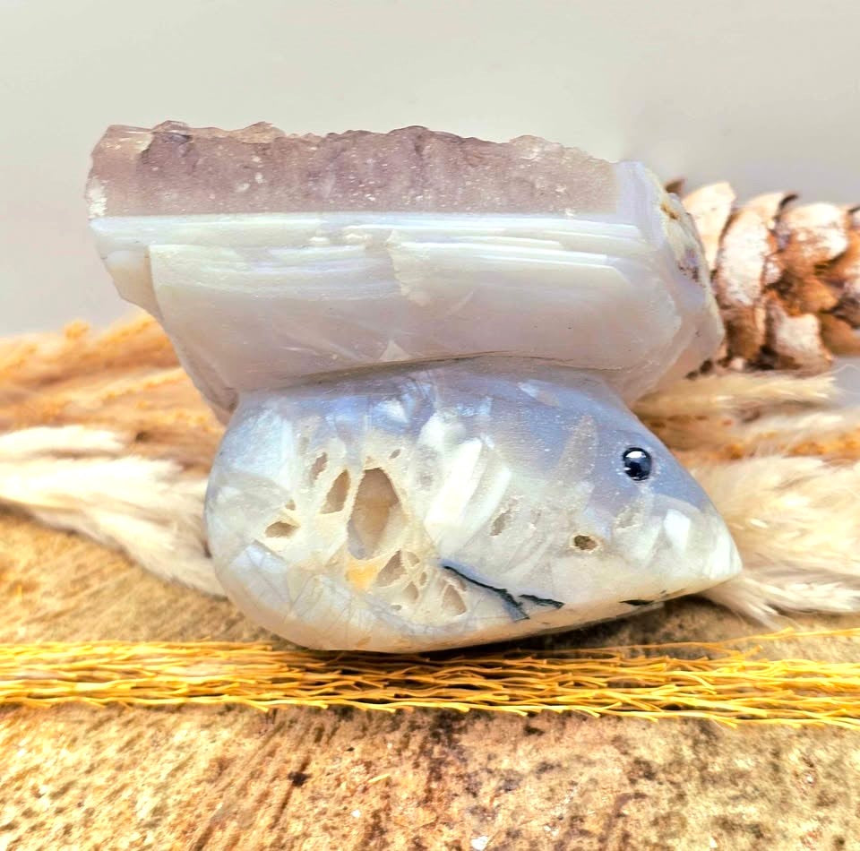 Smoky quartz crystal cluster with carved grey agate mouse figurine, natural raw texture, 2‑inch healing stone sculpture, the other side view-My Aura Gemstones