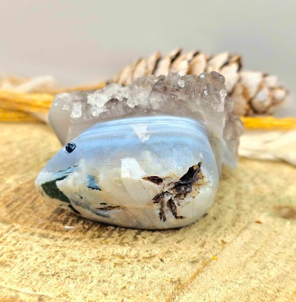 Smoky quartz crystal cluster with carved grey agate mouse figurine, natural raw texture, 2‑inch healing stone sculpture, bottom view-My Aura Gemstones