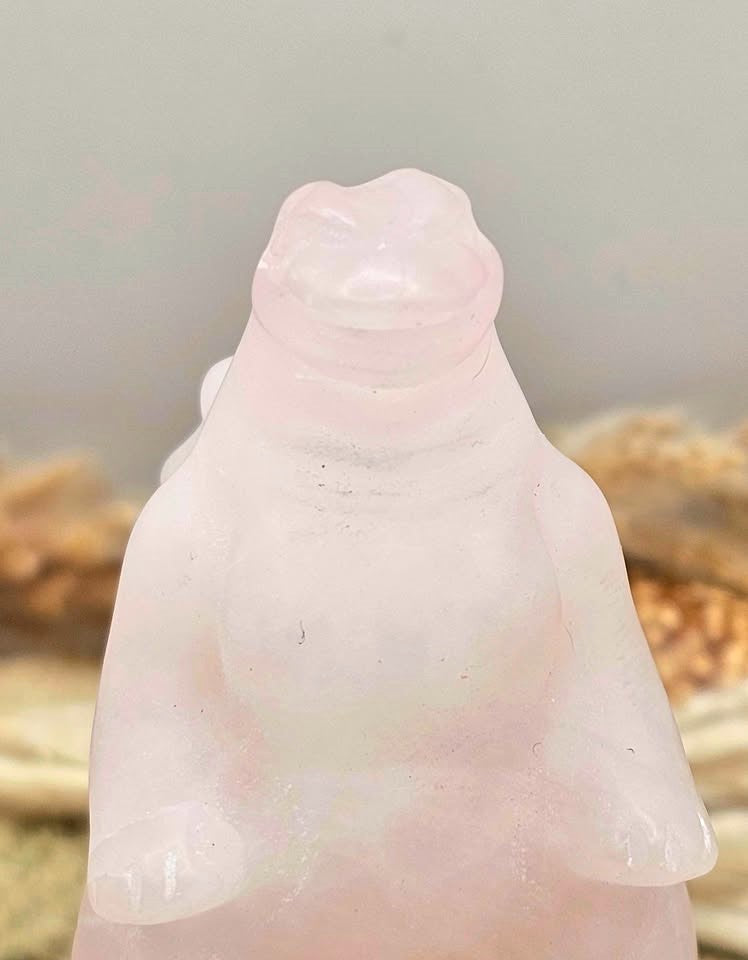 Rose quartz gorilla‑inspired figurine, light pink carving with detailed body, spine, and tail, 2.4" crystal sculpture- face closed up -My Aura Gemstones