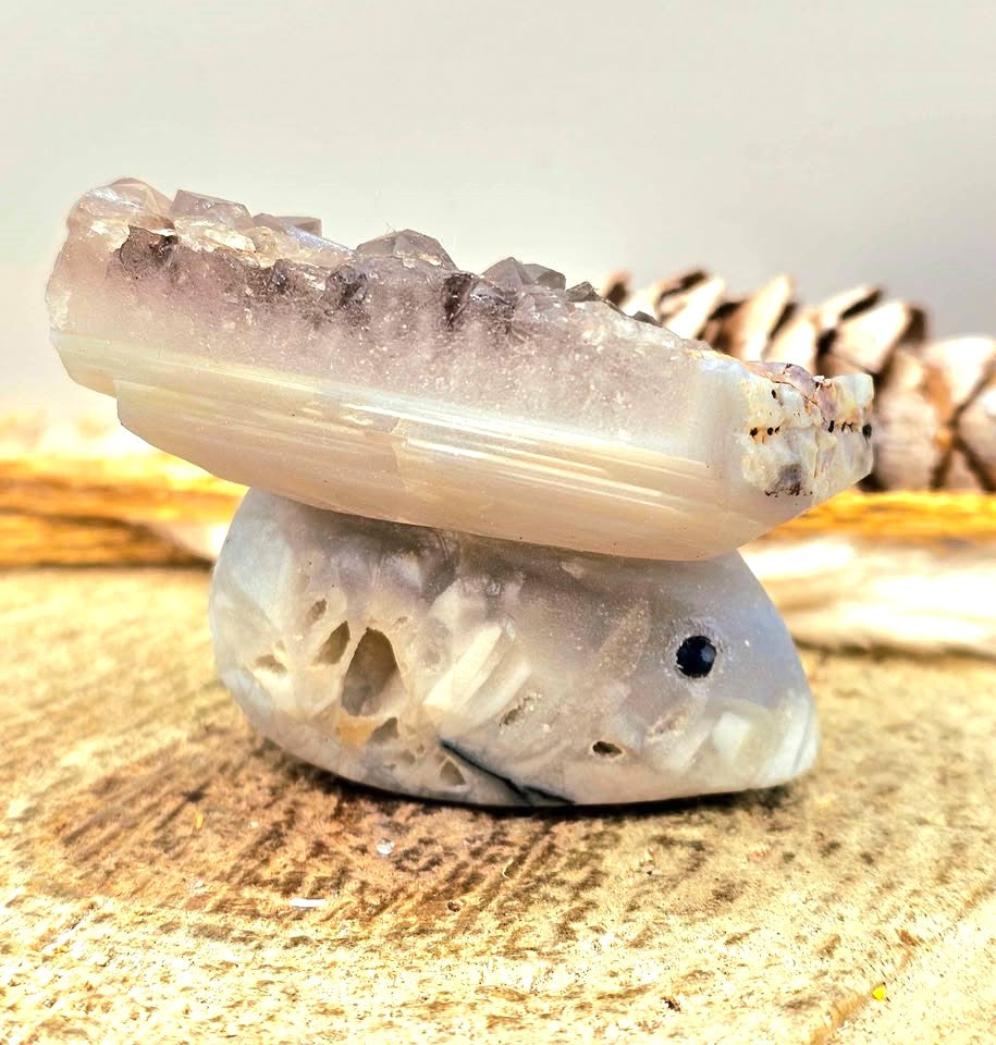 Smoky quartz crystal cluster with carved grey agate mouse figurine, natural raw texture, 2‑inch healing stone sculpture, side angel view-My Aura Gemstones