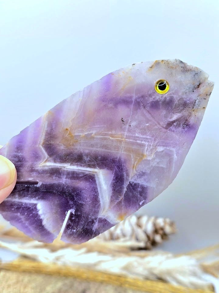 Dream Amethyst Fish Figurine – Natural Chevron Amethyst Crystal Carving