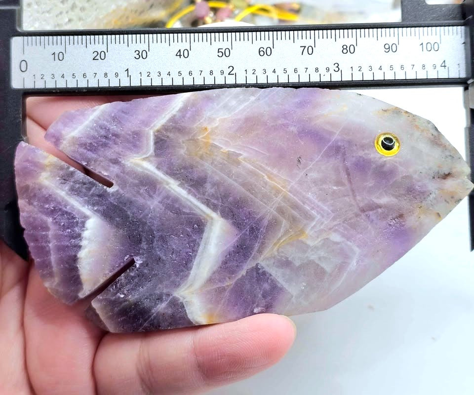 Dream Amethyst Fish Figurine – Natural Chevron Amethyst Crystal Carving