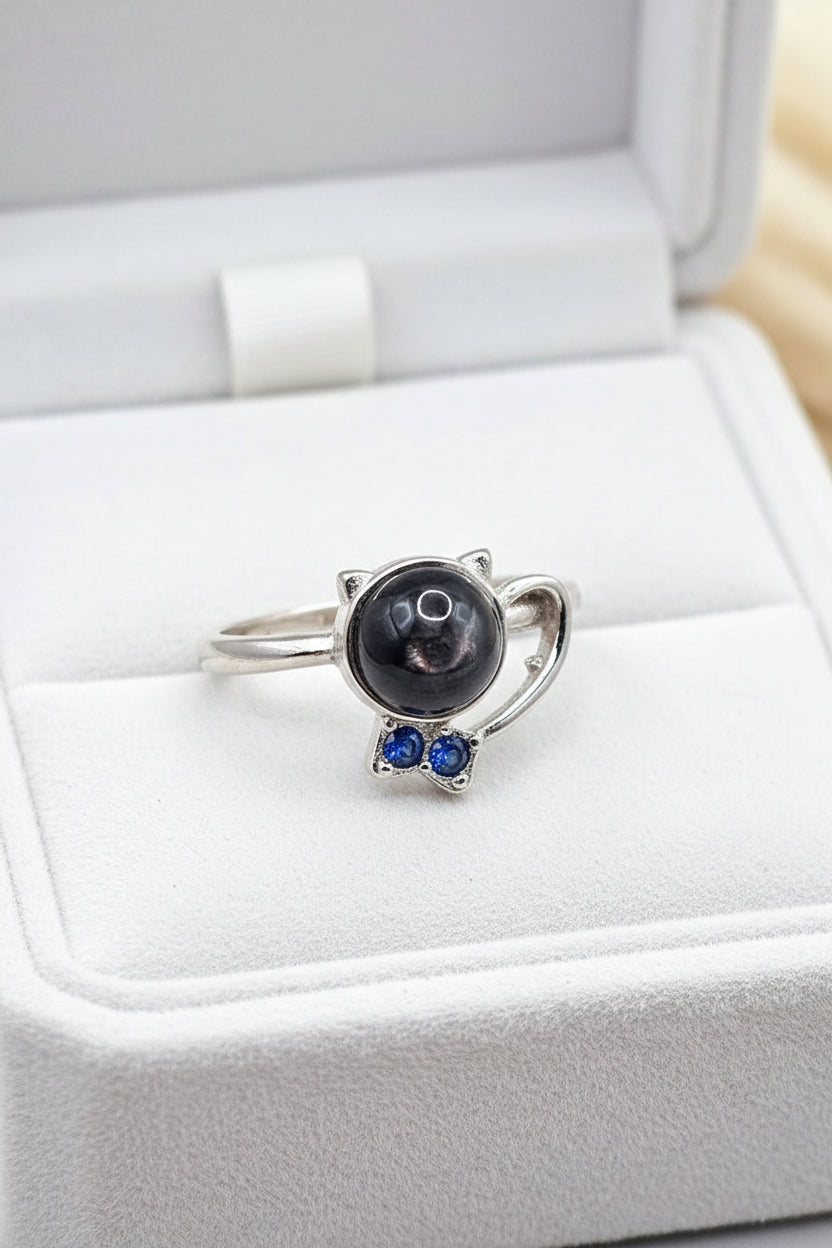 Natural Silver Hypersthene Cute Walking Cat Design Adjustable Ring in jewelry box -My Aura Gemstones
