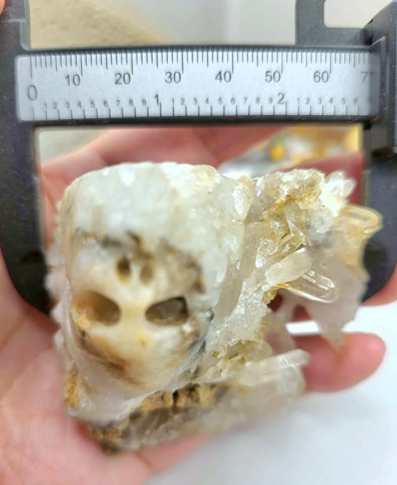 A natural crystal cluster featuring a prominent skull formation with clear quartz and beige mineral inclusions, displayed on a textured burlap surface in measurement view-My Aura Gemstones. 