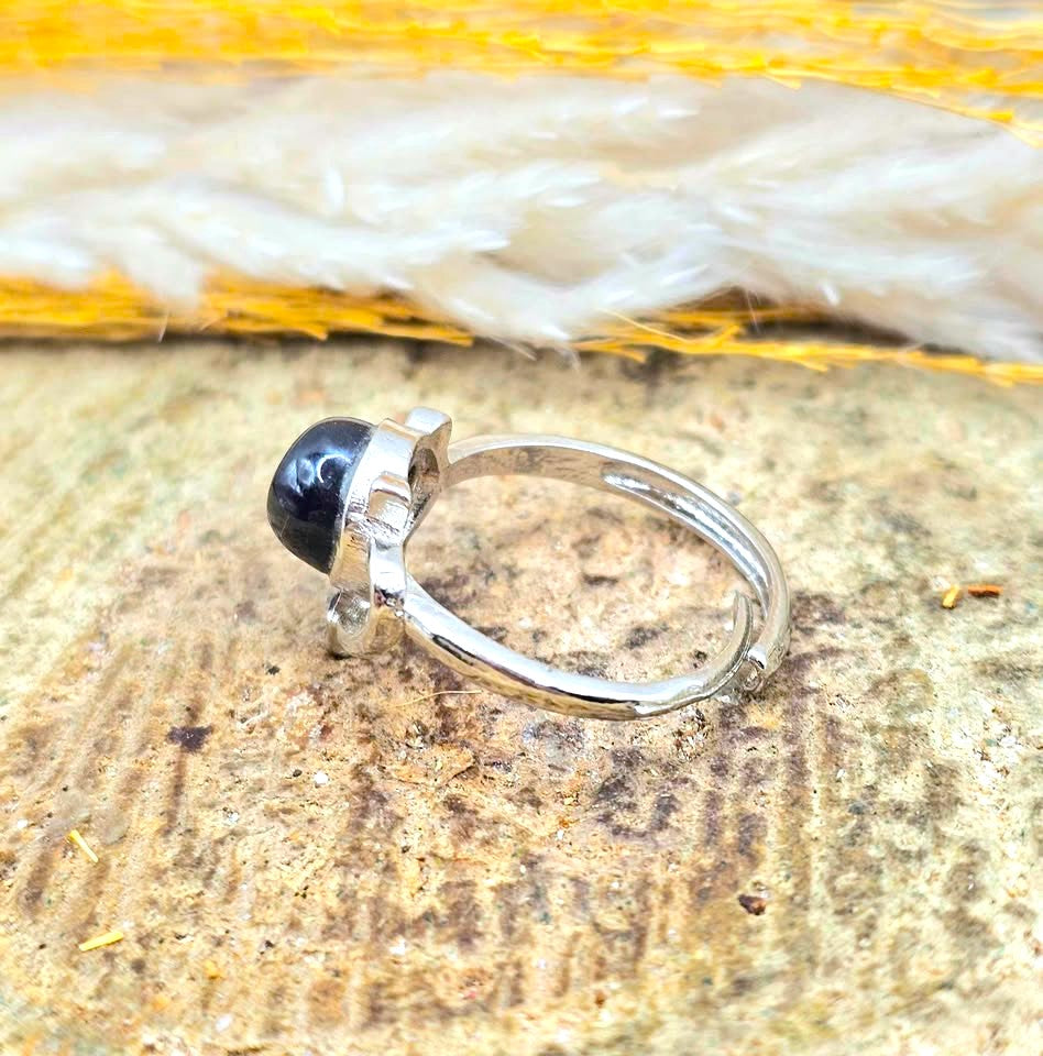 Natural Silver Hypersthene Cute Walking Cat Design Adjustable Ring at side view-My Aura Gemstones