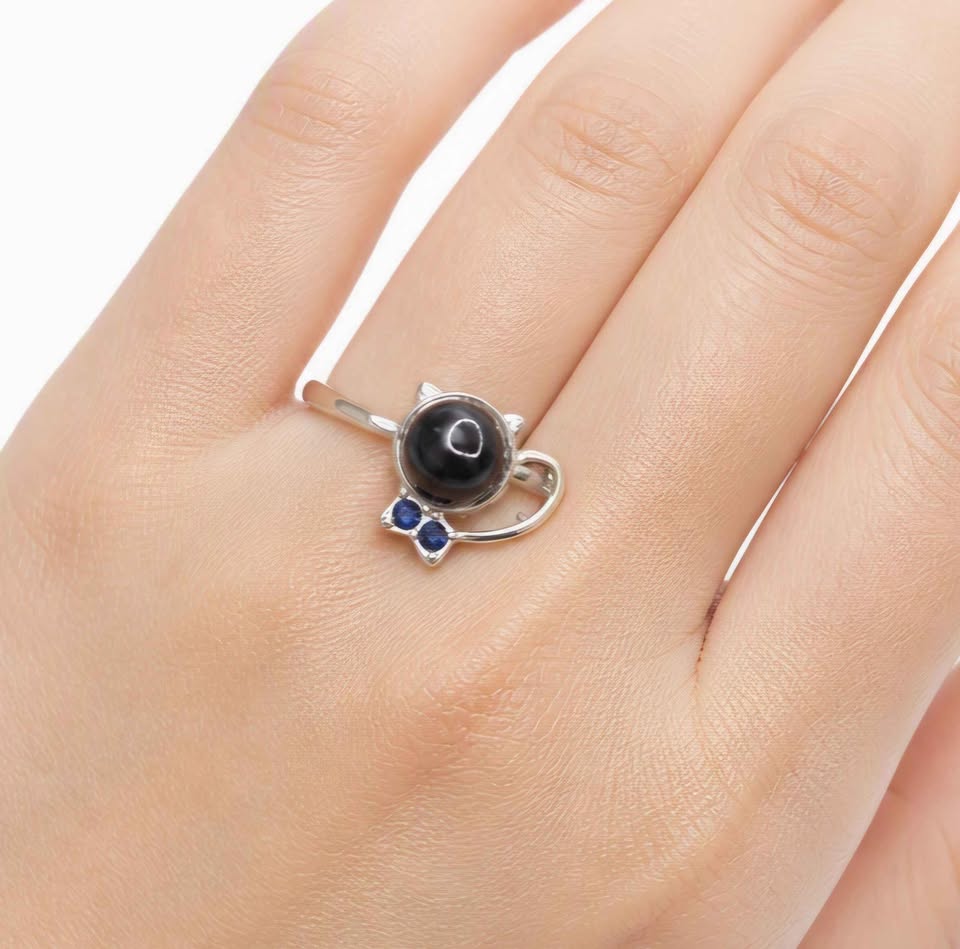 Natural Silver Hypersthene Cute Walking Cat Design Adjustable Ring Wearing By Hand-My Aura Gemstones