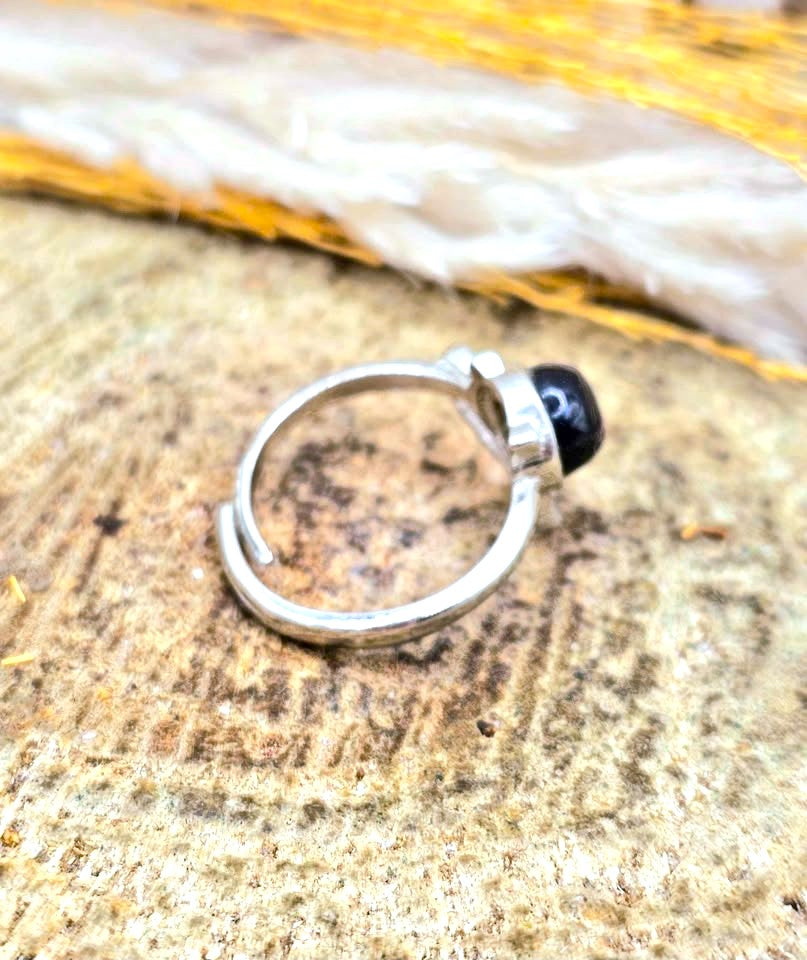 Natural Silver Hypersthene Cute Walking Cat Design Adjustable Ring in side view-My Aura Gemstones