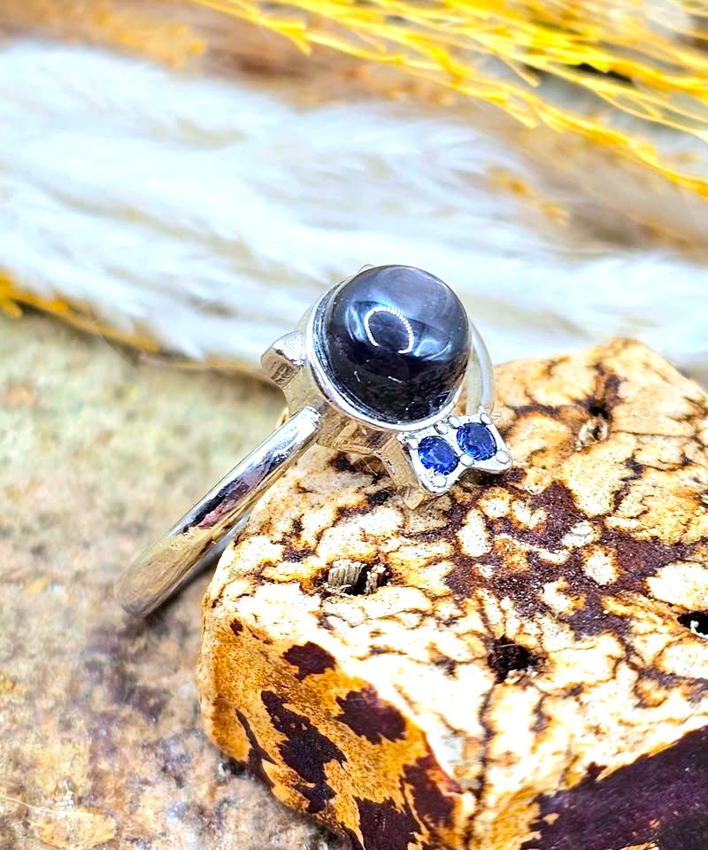 Natural Silver Hypersthene Cute Walking Cat Design Adjustable Ring -My Aura Gemstones