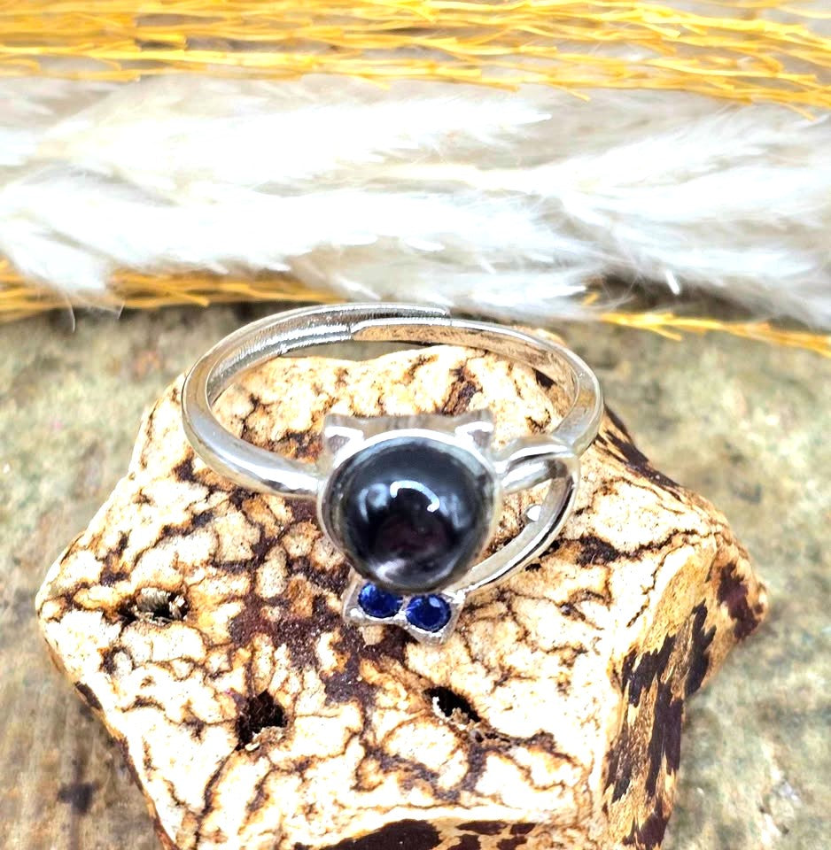 Natural Silver Hypersthene Cute Walking Cat Design Adjustable Ring in top view-My Aura Gemstones