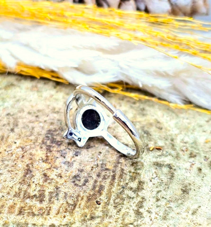Natural Silver Hypersthene Cute Walking Cat Design Adjustable Ring in back view -My Aura Gemstones