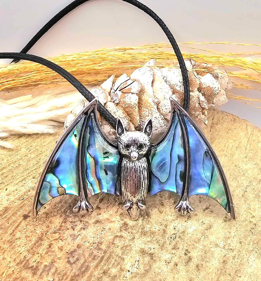 Flying bat abalone shell pendant necklace close-up — My Aura Gemstones
