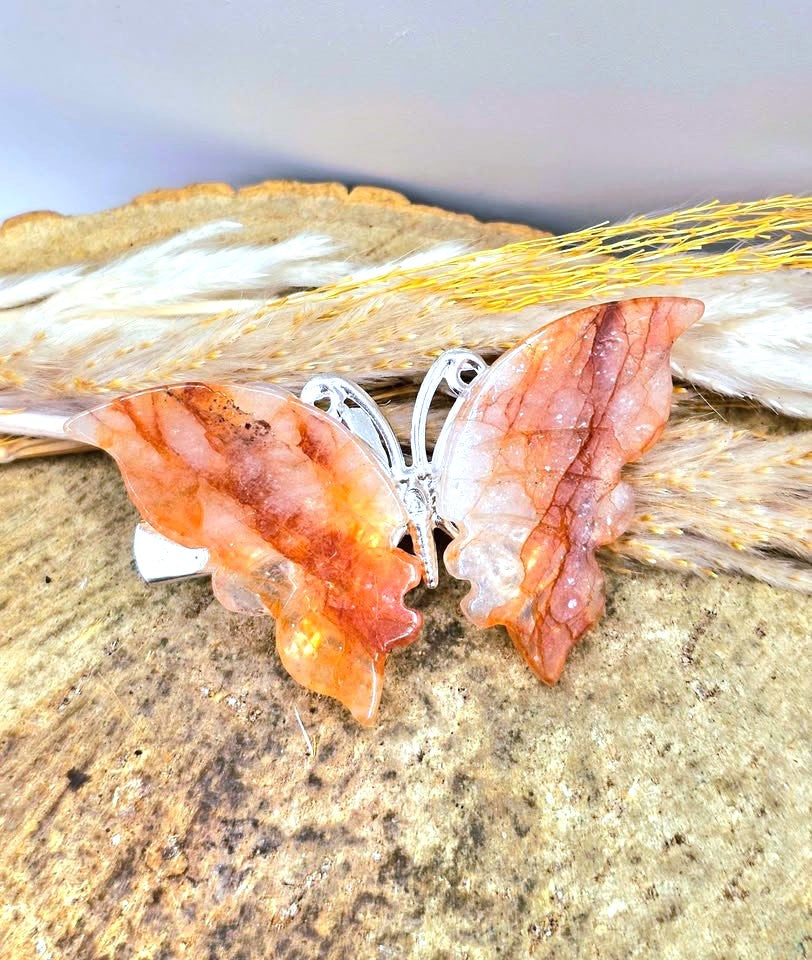 Natural golden healer butterfly hair clip back view — My Aura Gemstones