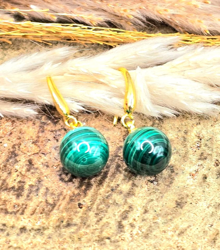 A pair of dangling earrings with round green malachite beads and gold fishhook wires-My Aura Gemstones.