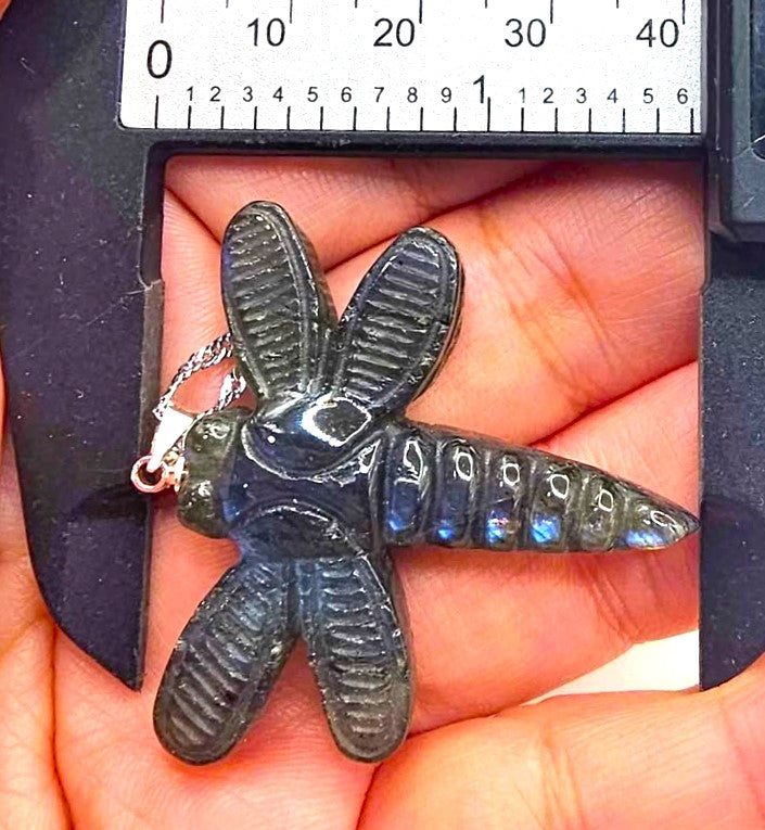 Natural labradorite carved dragonfly-shaped pendant necklace with iridescent blue flash — My Aura Gemstones
