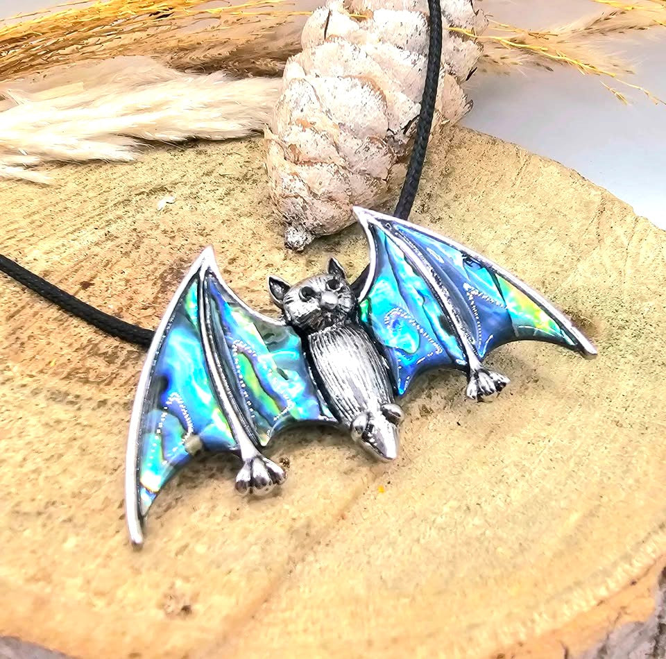 Flying bat abalone shell pendant necklace back view — My Aura Gemstones