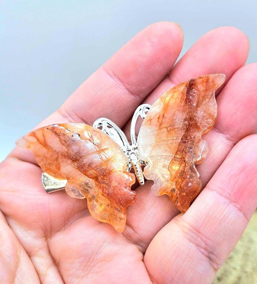 Natural golden healer butterfly hair clip worn in hair — My Aura Gemstones