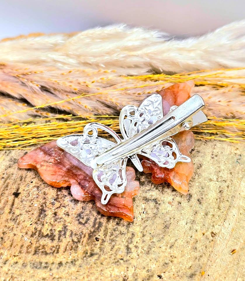 Natural golden healer butterfly hair clip alternate angle — My Aura Gemstones