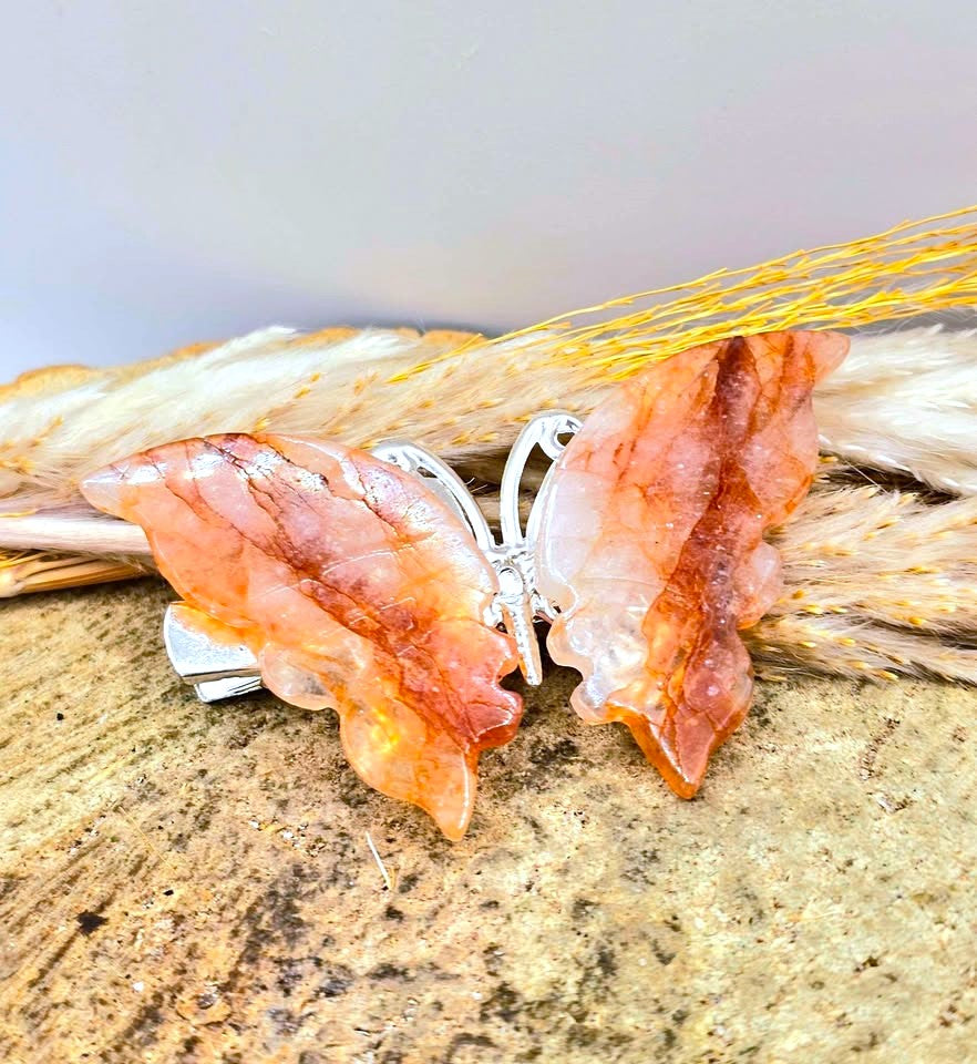 Natural golden healer butterfly hair clip with carved stone wings — My Aura Gemstones